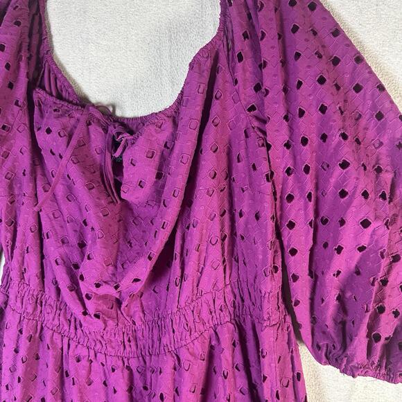 Eloquii Fuscia Eyelet Lace Tiered Dress Cotton  Puff Sleeve Peasant S 22 NWT - Picture 3 of 13